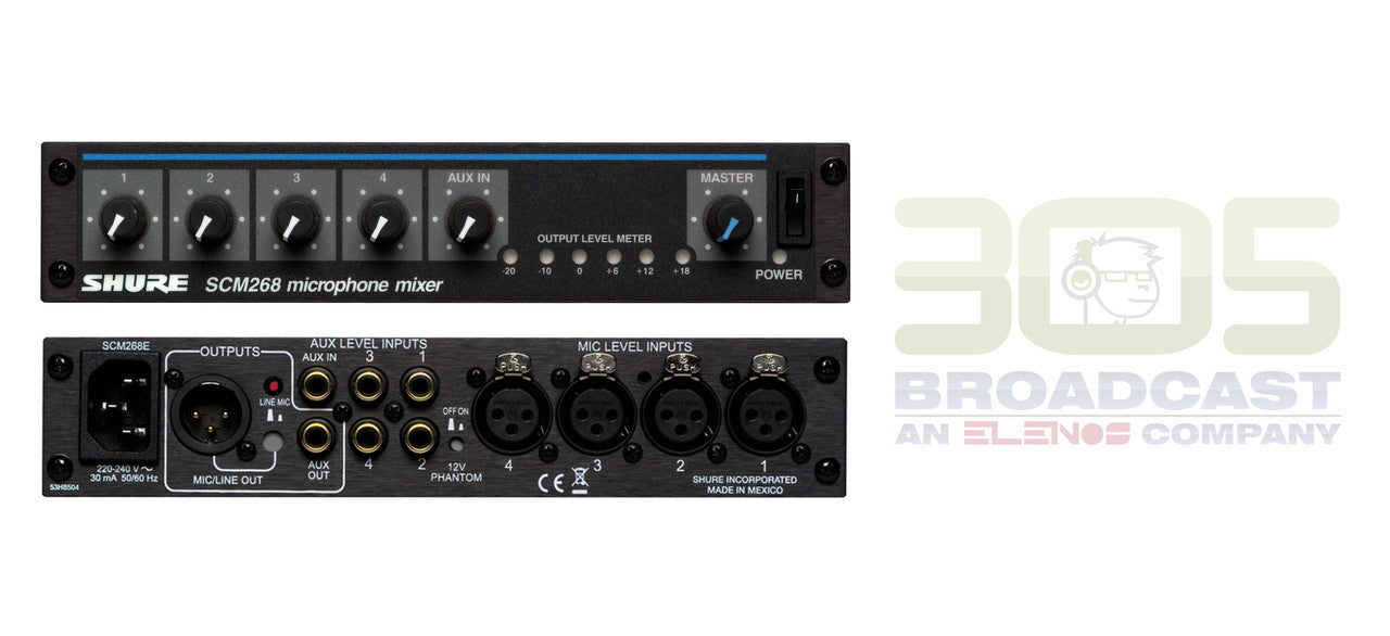 Shure SCM268 4-Channel Microphone Mixer, 6 Transformers, Phantom Power and IEC Power Cord Connector - 305broadcast