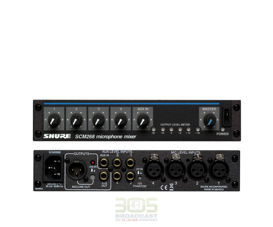 Shure SCM268 4-Channel Microphone Mixer, 6 Transformers, Phantom Power and IEC Power Cord Connector - 305broadcast